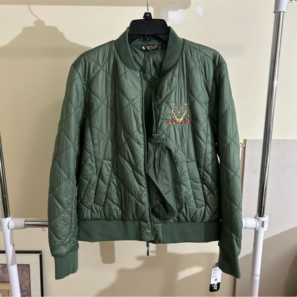 NWT Quilted Green Bomber Jacket with Embroidery
